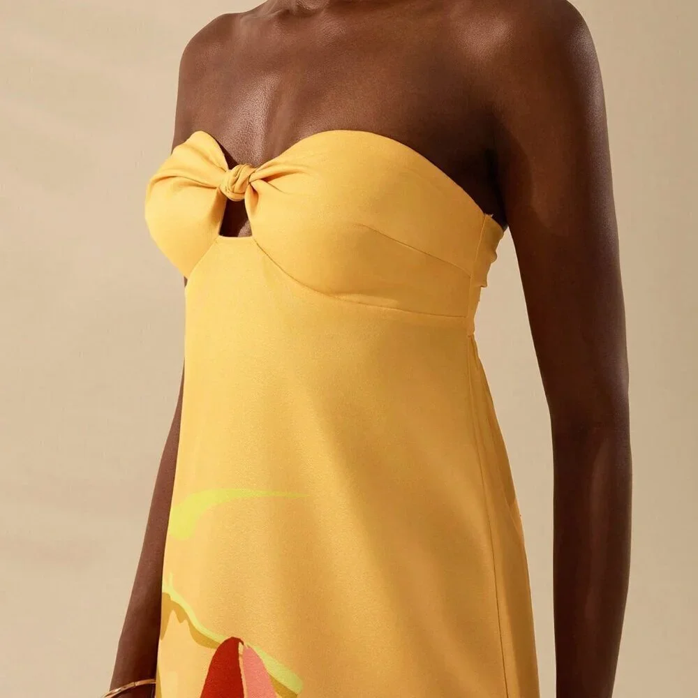 Multicolor Boho Womens Tropical Print Sleeveless Hollow Knot Tube Top Dress - Picture 5 of 7